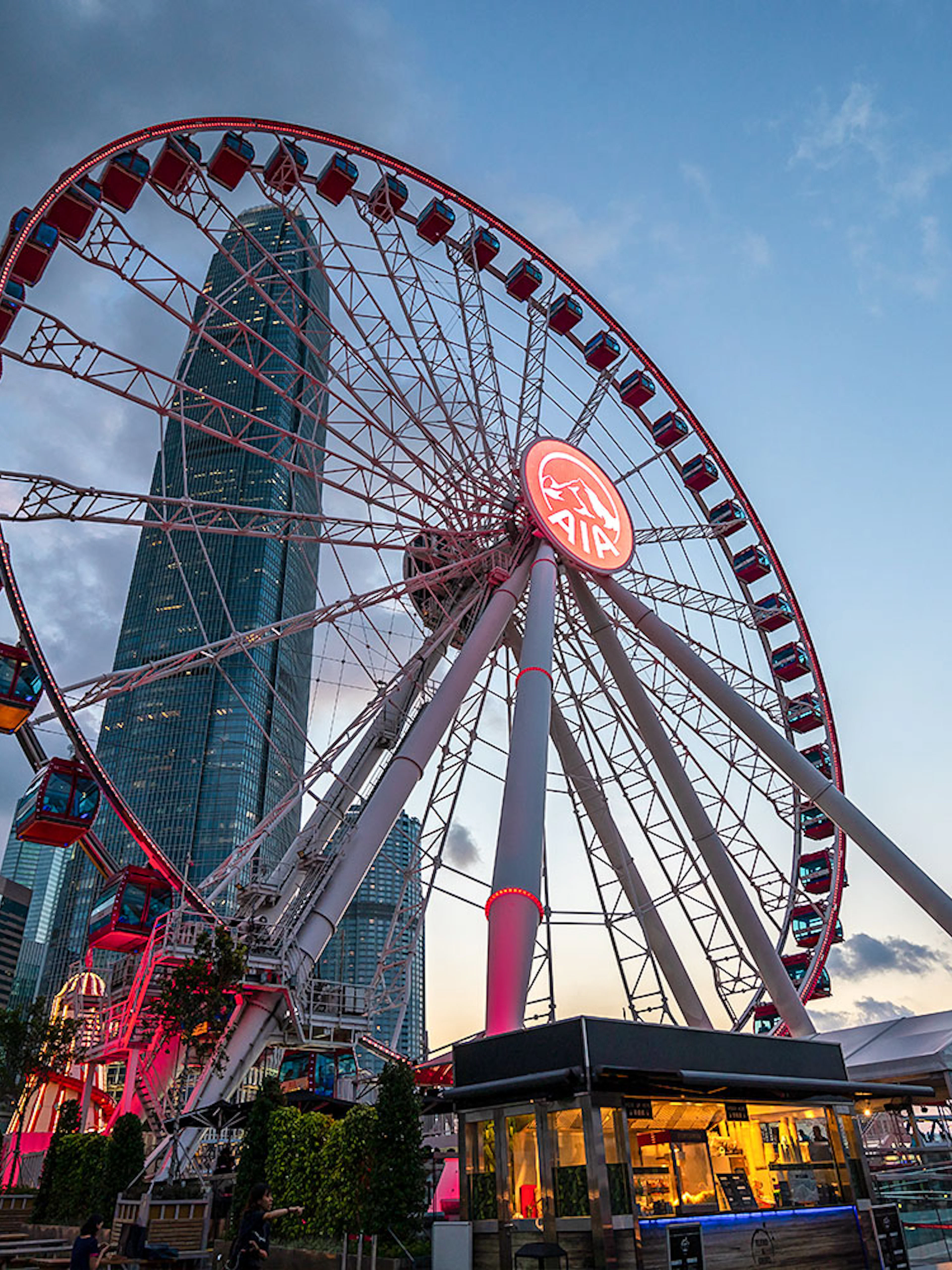 Hong Kong Observation Wheel at sunset with city skyline in the background.