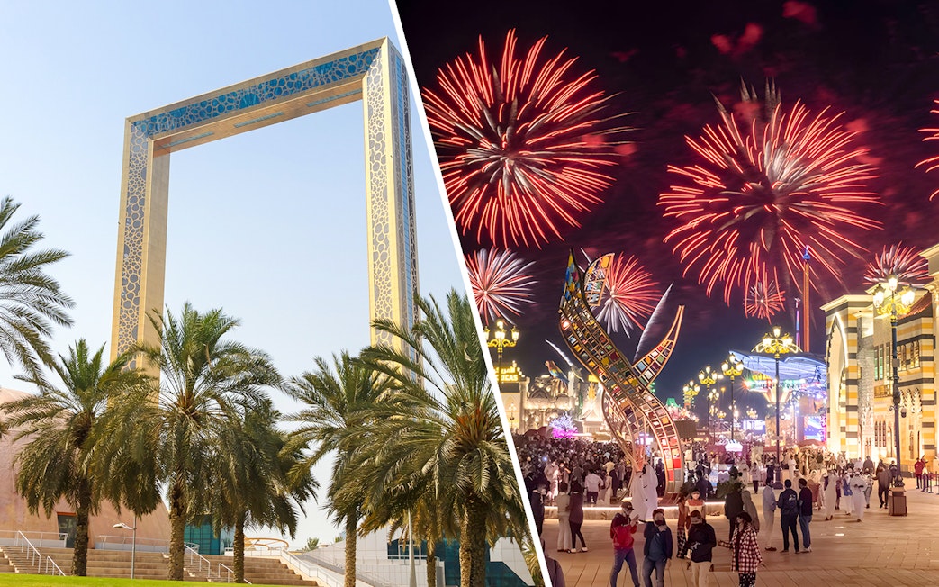 Dubai Frame and Global Village with fireworks at night.