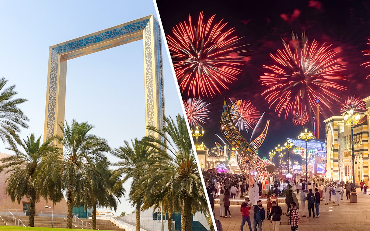 Dubai Frame and Global Village with fireworks at night.