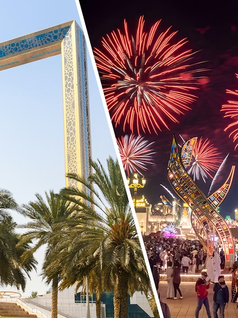 Dubai Frame and Global Village with fireworks at night.