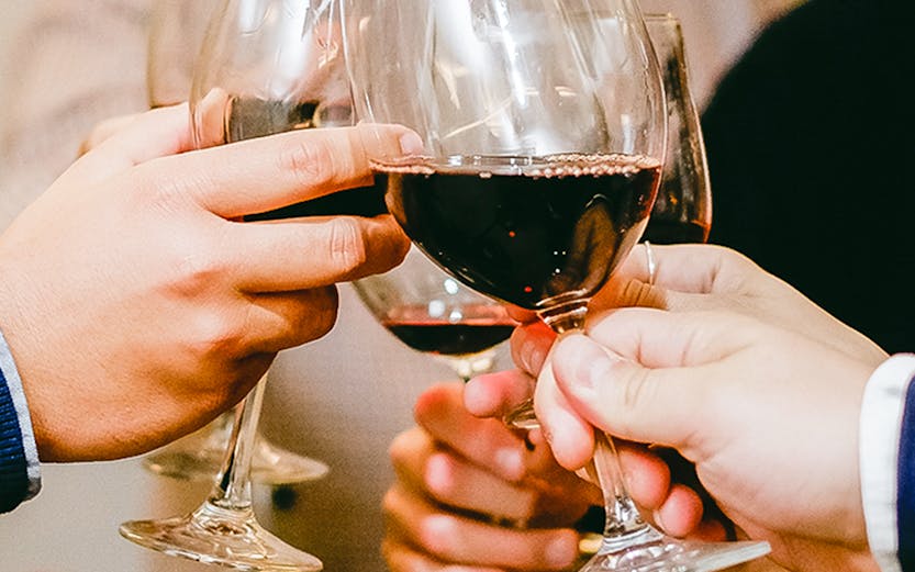 People toasting with red wine glasses during a Barcelona culinary tour.
