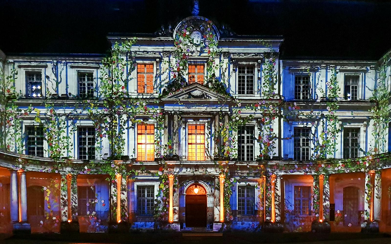 Sound and Light Show at Royal Château of Blois with illuminated facade.