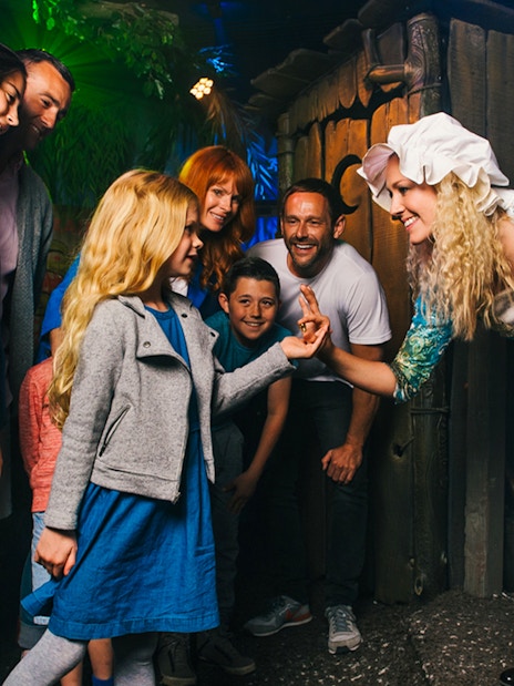 Group interacting with a costumed guide in a themed attraction setting.