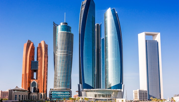 Etihad Towers view from Big Bus tour in Abu Dhabi.