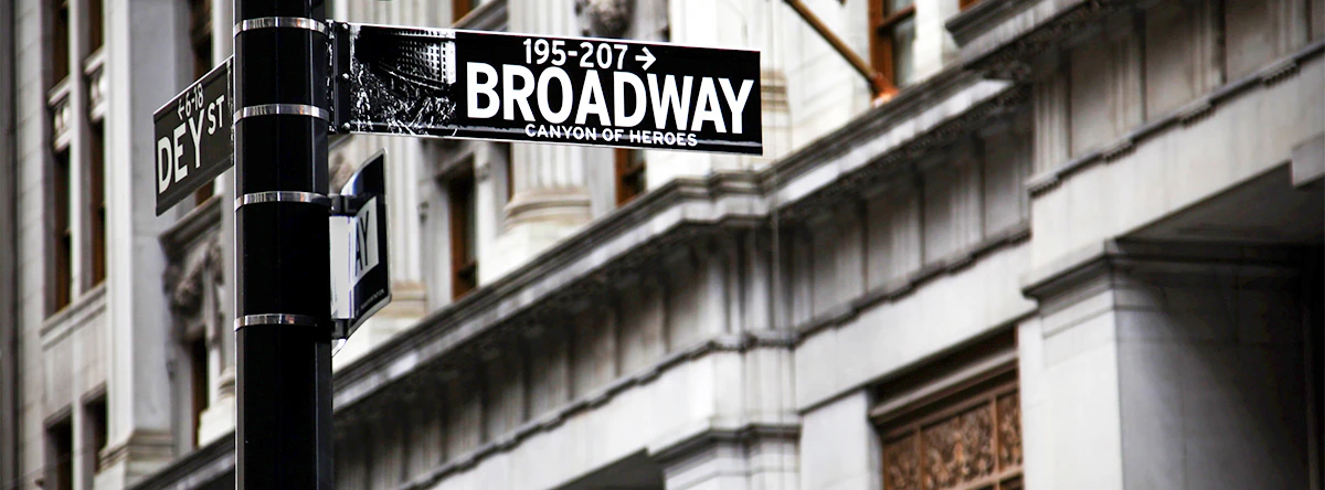 Broadway street sign at Dey Street intersection, New York City.