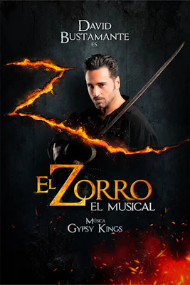 Poster for El Zorro musical in Madrid featuring a man with a sword and fiery Z symbol.