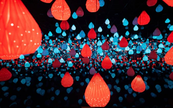 Red and blue lanterns in immersive art installation, Kuala Lumpur.