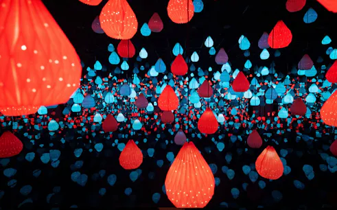 Red and blue lanterns in immersive art installation, Kuala Lumpur.