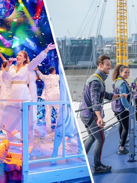 Performers singing at Mamma Mia! The Party with colorful stage lights.