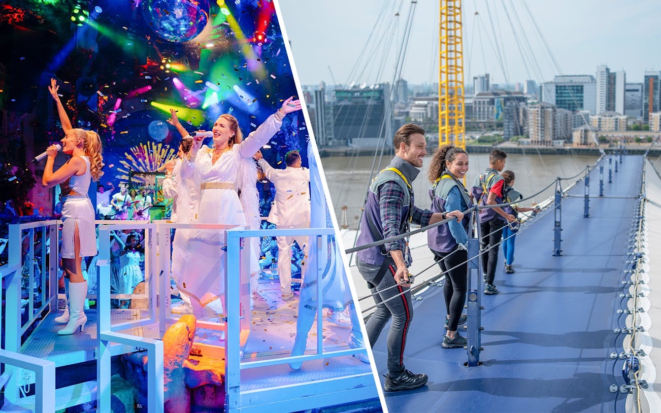 Performers singing at Mamma Mia! The Party with colorful stage lights.