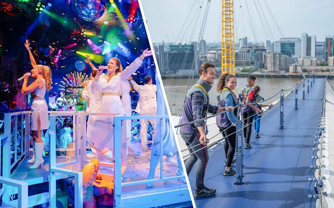 Performers singing at Mamma Mia! The Party with colorful stage lights.