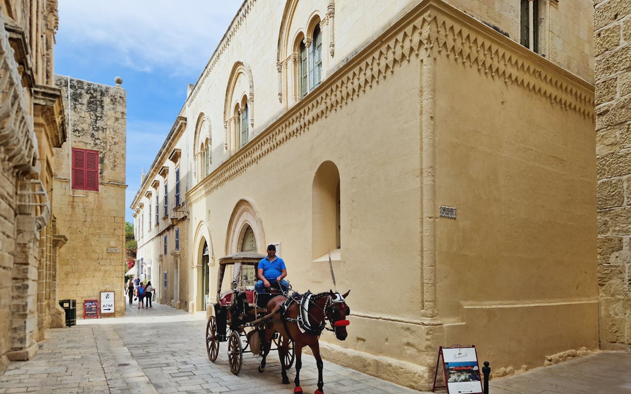 Horse-drawn carriage on a narrow street in Mdina, Malta, with historic architecture.