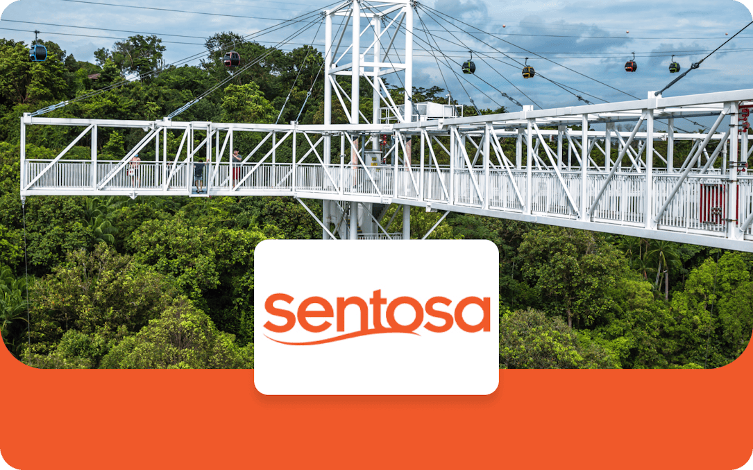 Sentosa cable cars and sky bridge over lush greenery, Singapore.