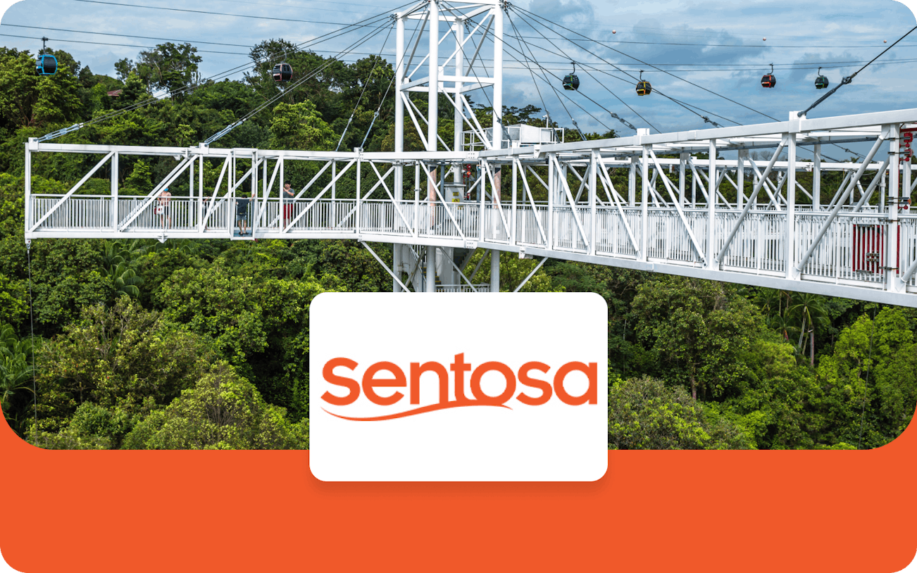 Sentosa cable cars and sky bridge over lush greenery, Singapore.