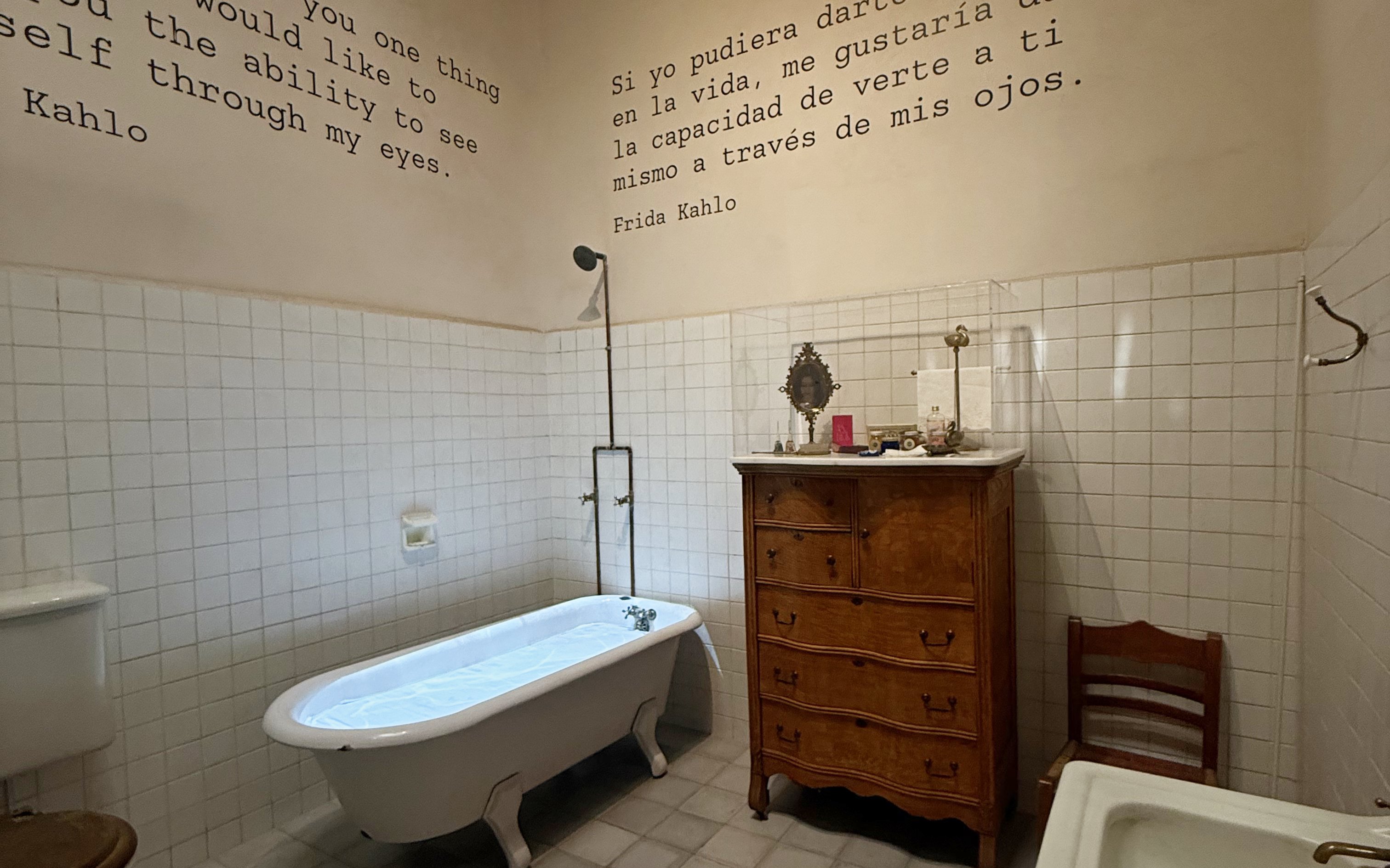 Bathtub and vintage dresser in Frida Kahlo Museum bathroom, La Casa Roja, Mexico City.