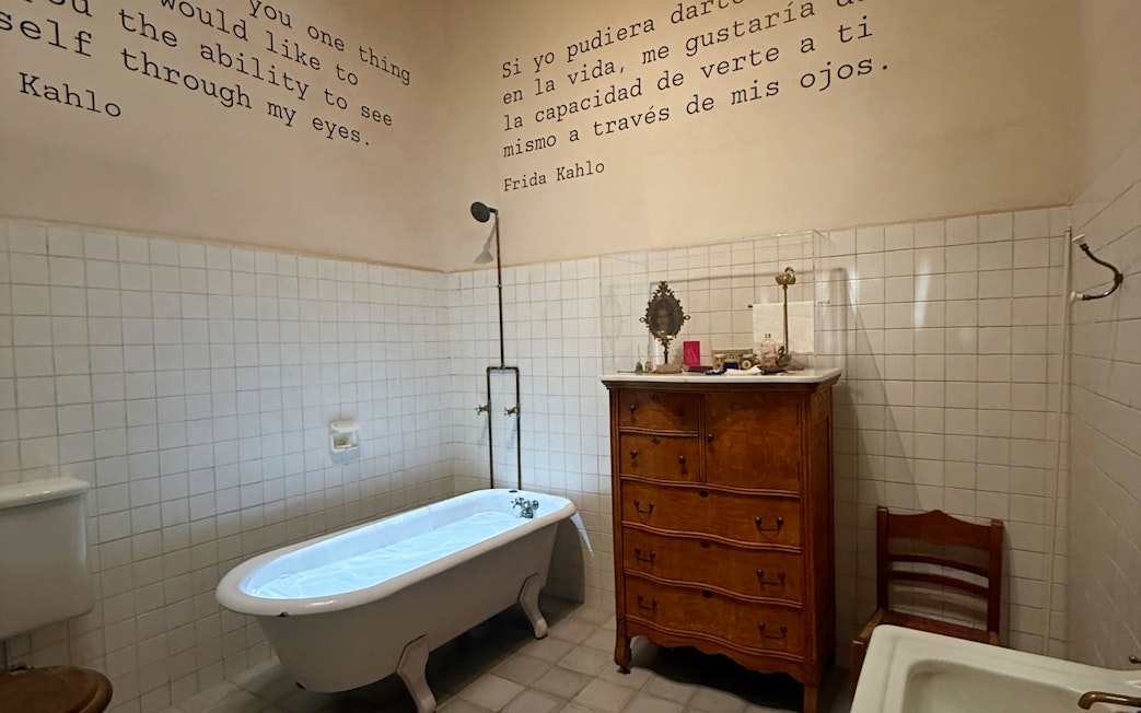 Bathtub and vintage dresser in Frida Kahlo Museum bathroom, La Casa Roja, Mexico City.