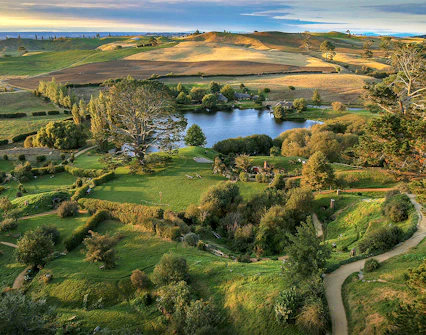 Hobbiton Movie Set landscape with lush greenery and winding paths, seen on Auckland private tour.