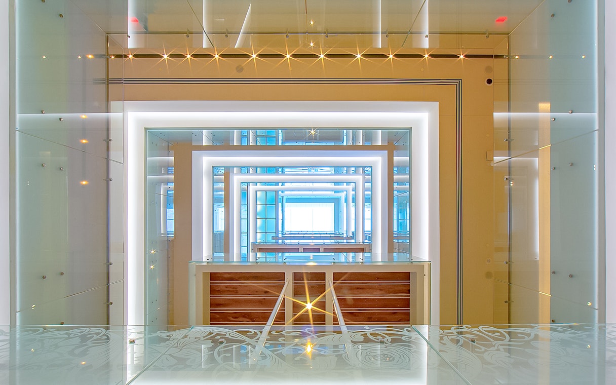 Modern interior with illuminated frames at Museum of the Bible, Washington DC.