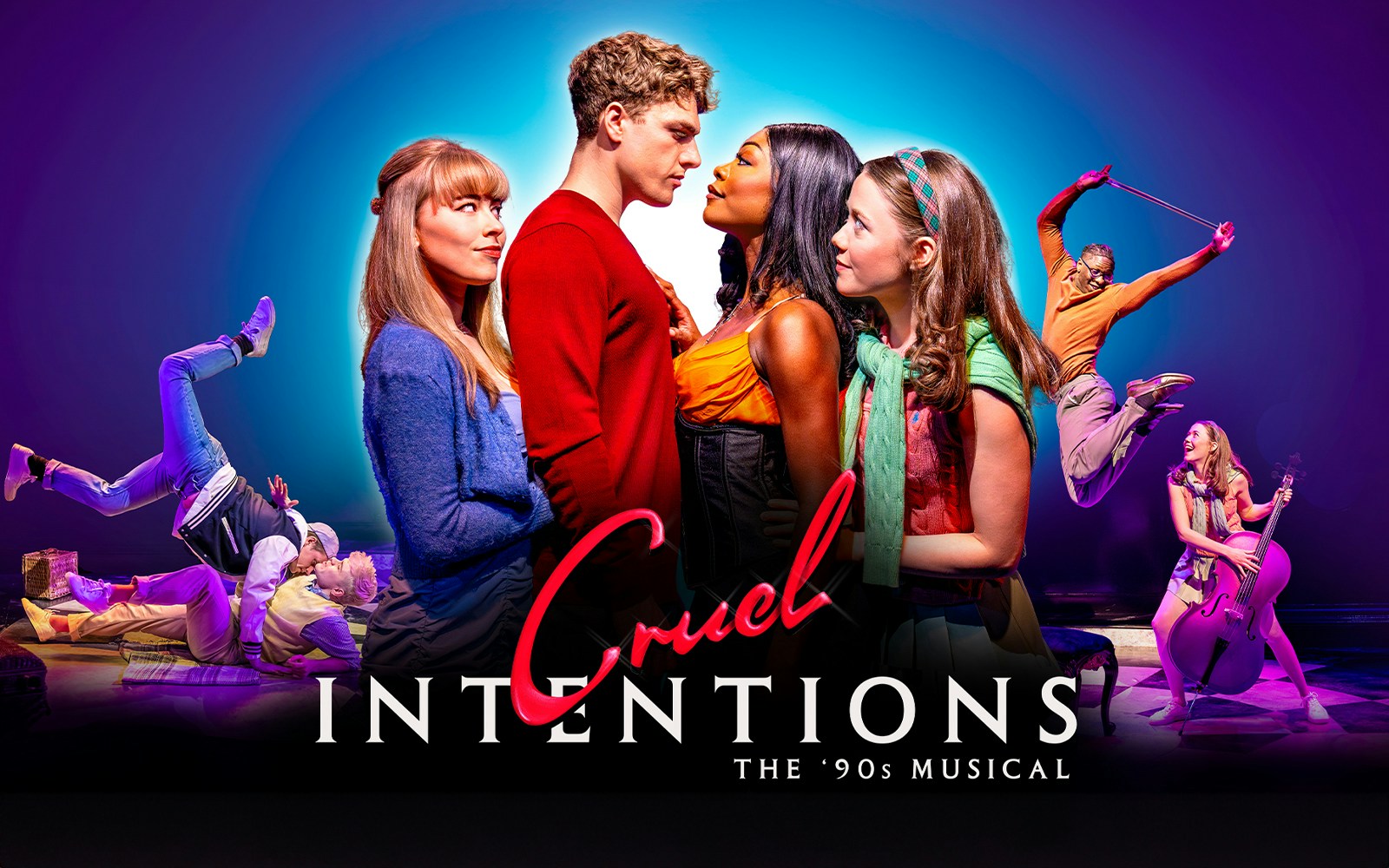 Cast of Cruel Intentions: The 90's Musical in dynamic poses on stage.