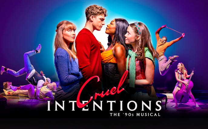 Cast of Cruel Intentions: The 90's Musical in dynamic poses on stage.