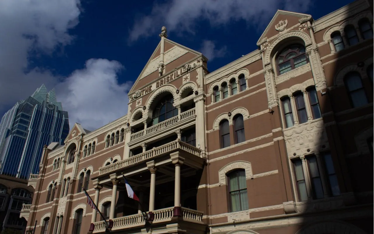Historic Driskill Hotel facade in Austin, Texas, part of the Ghosts of Austin exploration game.