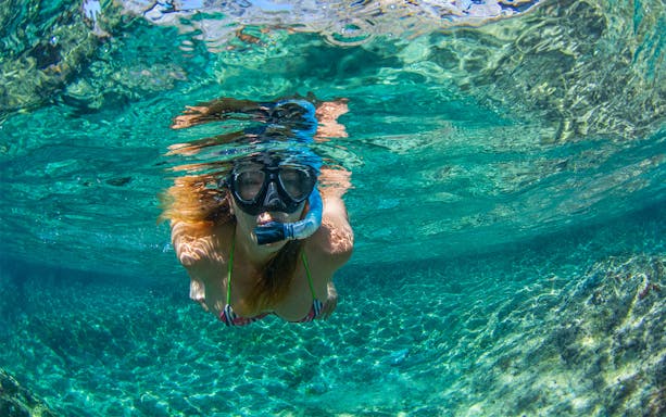Snorkeler exploring clear waters near Tavolara Island.