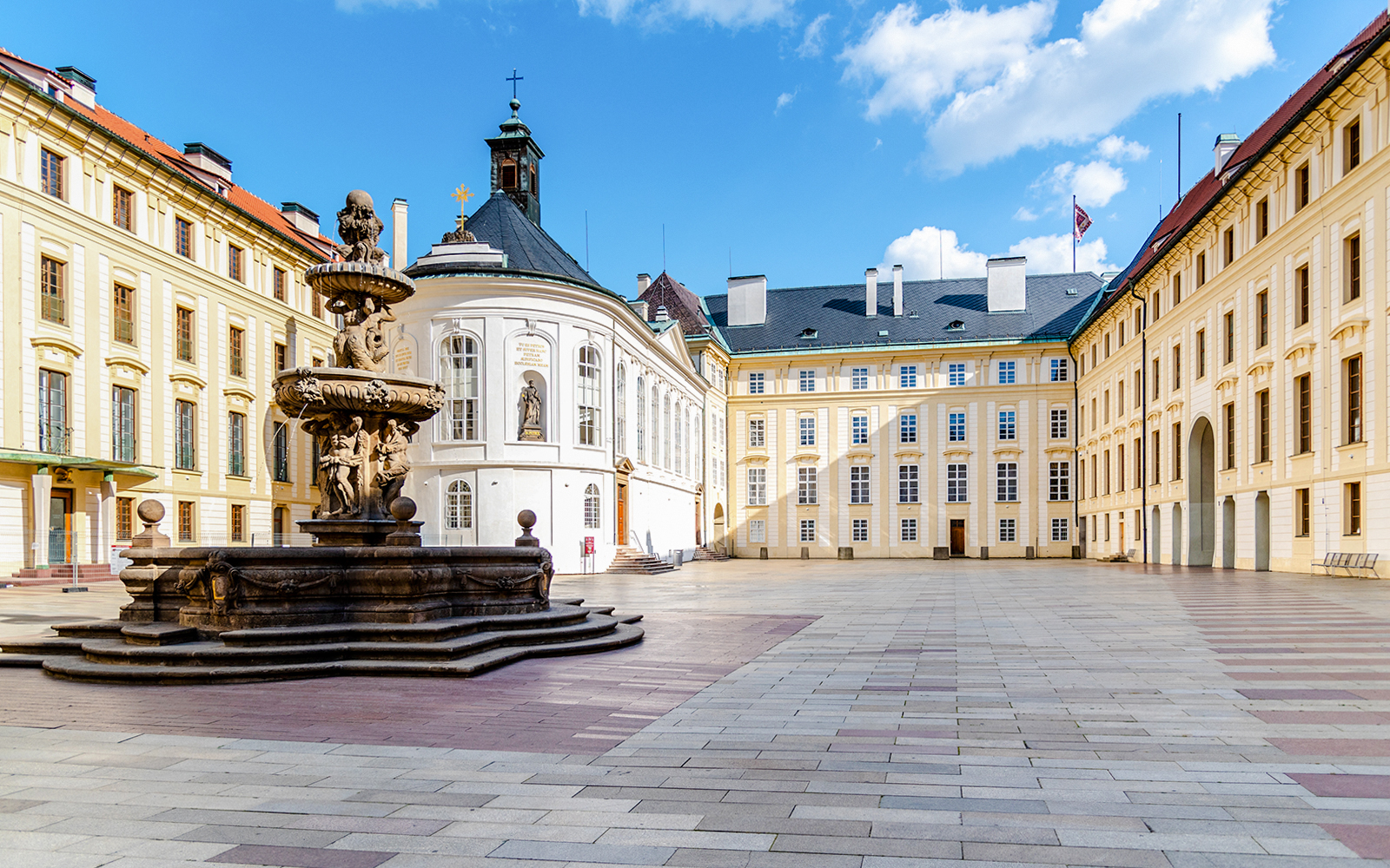 Ornamental fountain in courtyard of Prague Castle's Old Royal Palace.