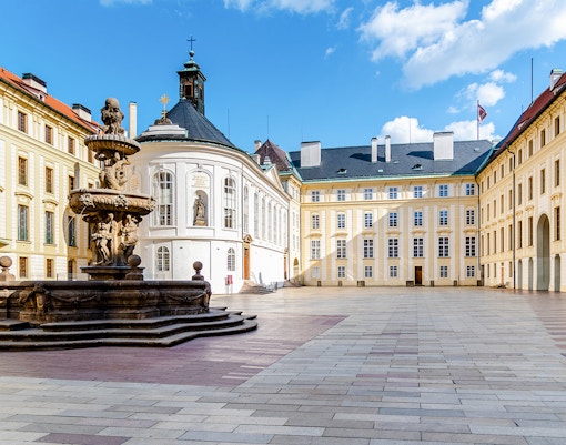 Ornamental fountain in courtyard of Prague Castle's Old Royal Palace.