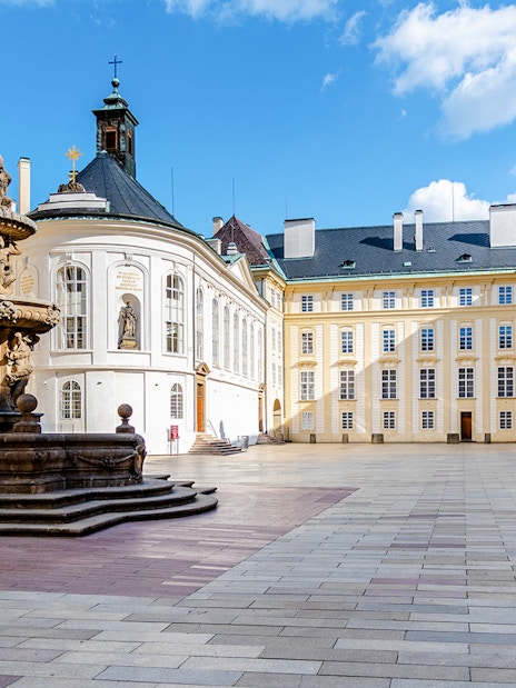 Ornamental fountain in courtyard of Prague Castle's Old Royal Palace.
