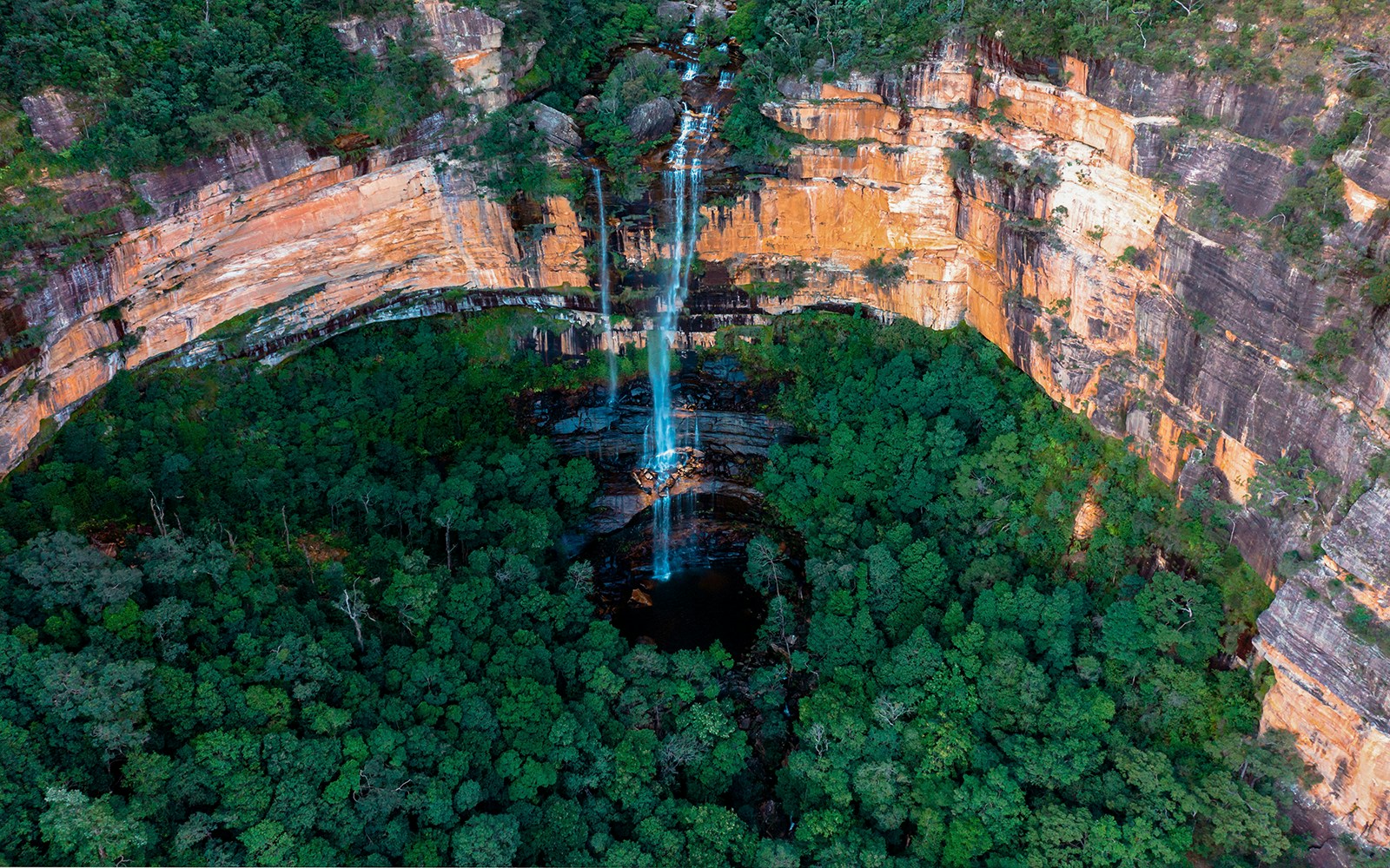 Aerial shot of scenic Wentworth waterfalls in the Blue Mountains