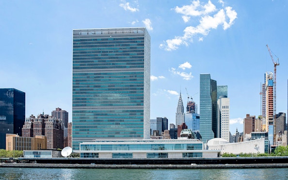 United Nations Headquarters and NYC skyline viewed from the East River on Circle Line 90min NYC Landmarks Cruise.