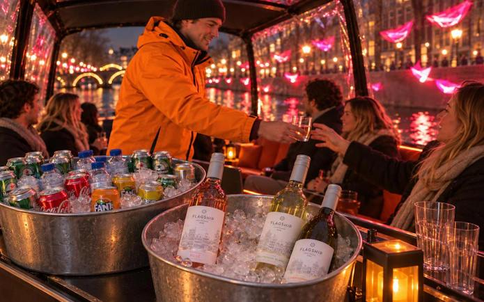 Guests enjoying drinks on an Amsterdam Light Festival canal cruise.