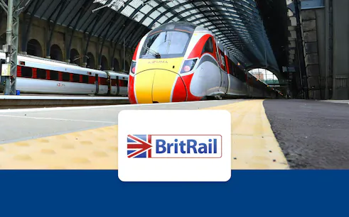 High-speed Azuma train at a European station platform, BritRail logo displayed.