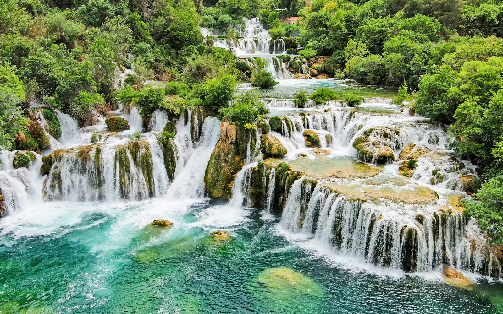 Aerial view of Skradinski Buk waterfalls in Krka National Park, Croatia.