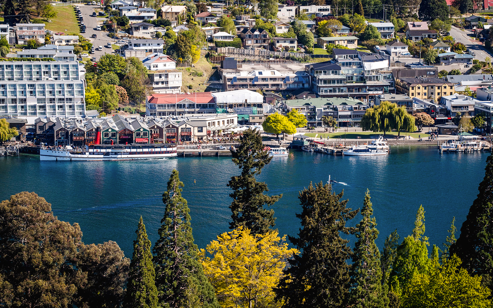 Queenstown waterfront with boats on Lake Wakatipu, surrounded by buildings and trees.