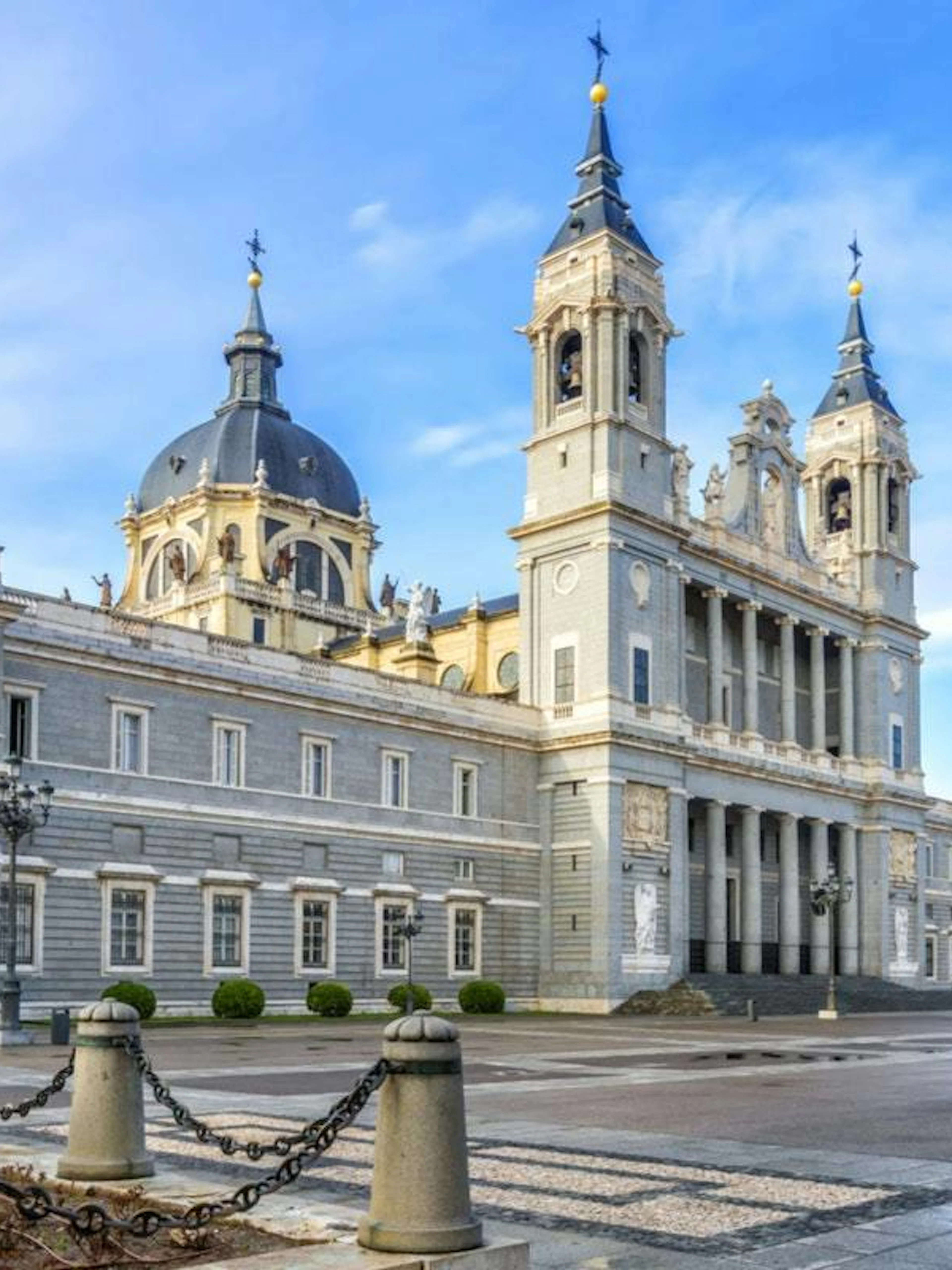 Almudena Cathedral exterior in Madrid, part of the self-guided city exploration game.