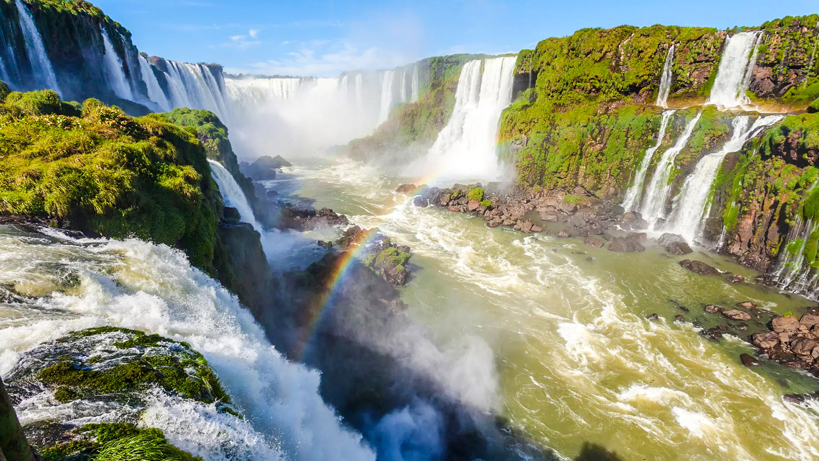 Waterfalls at Iguazu National Park, Argentina, with lush greenery and a visible rainbow.