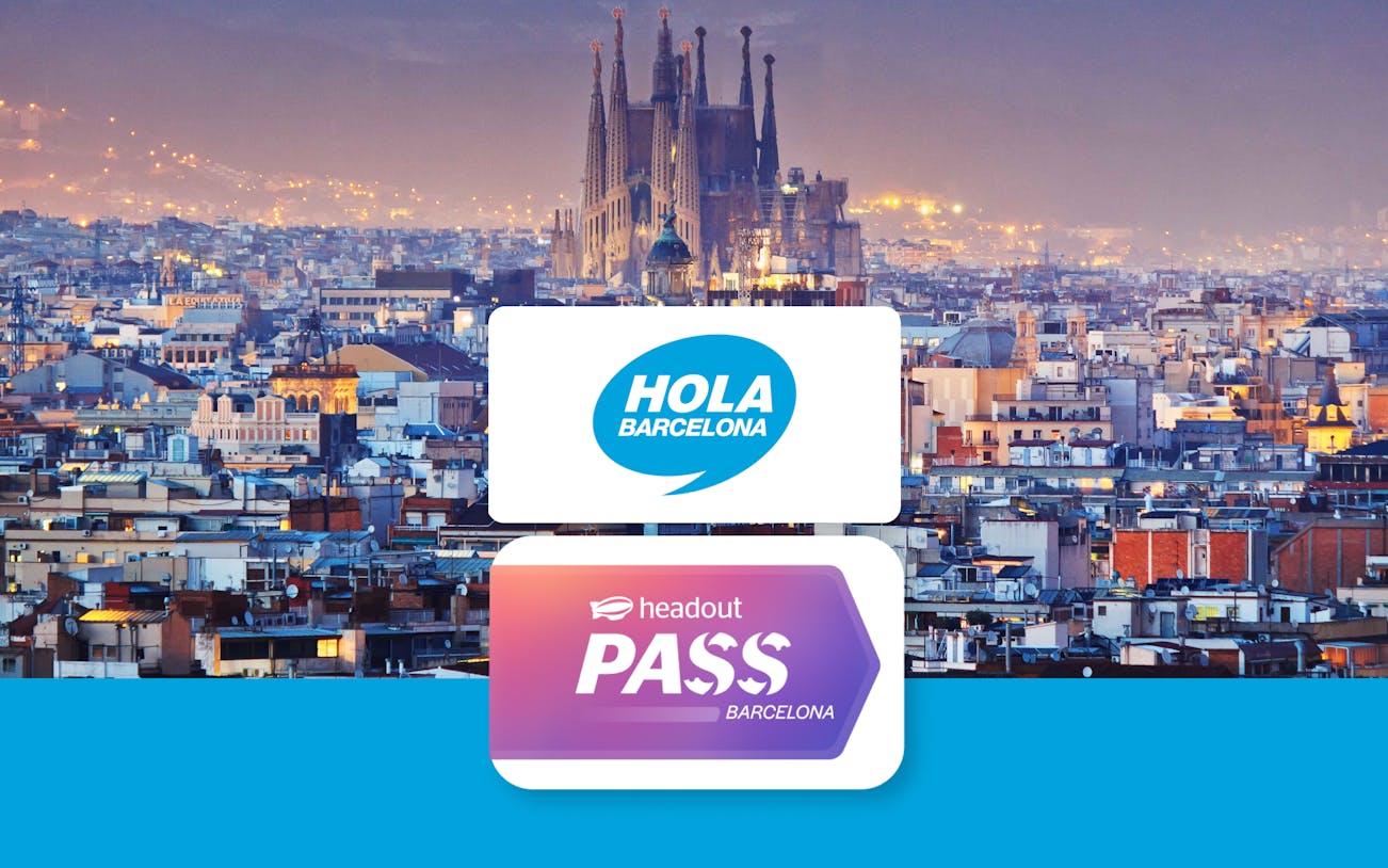 Barcelona skyline with Sagrada Familia at dusk, featuring Hola Barcelona and Headout Pass logos.