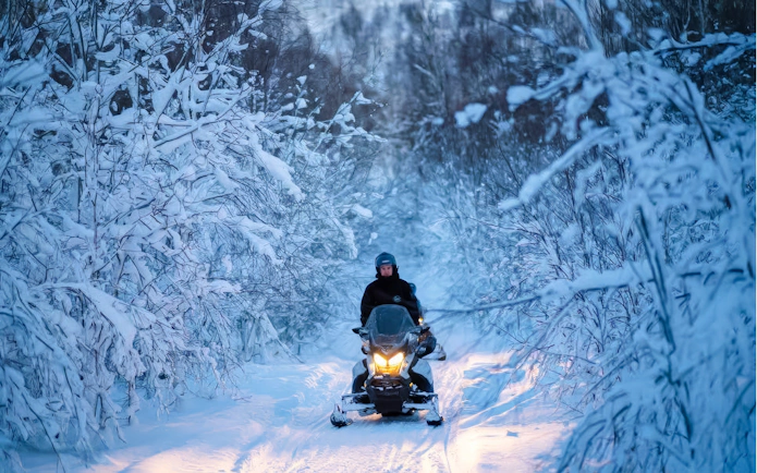 Snowmobile rider on snowy forest trail, Tromso day trip.