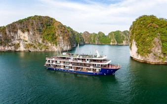 Cruise ship sailing through Lan Ha Bay with limestone karsts in the background.