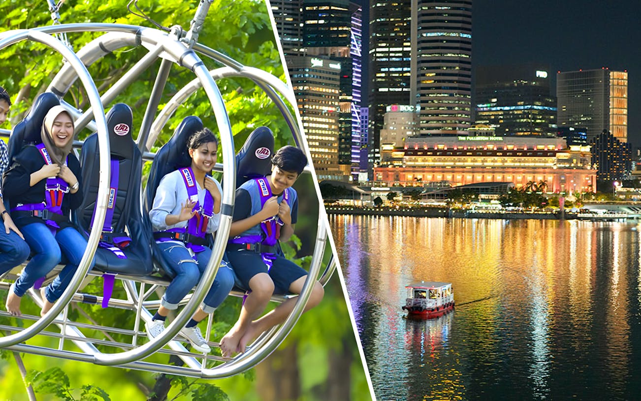 Slingshot ride and Singapore River Cruise with city skyline at night.