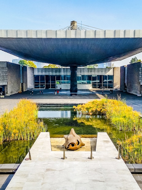 Anthropology museum entrance with courtyard pond and unique roof structure.