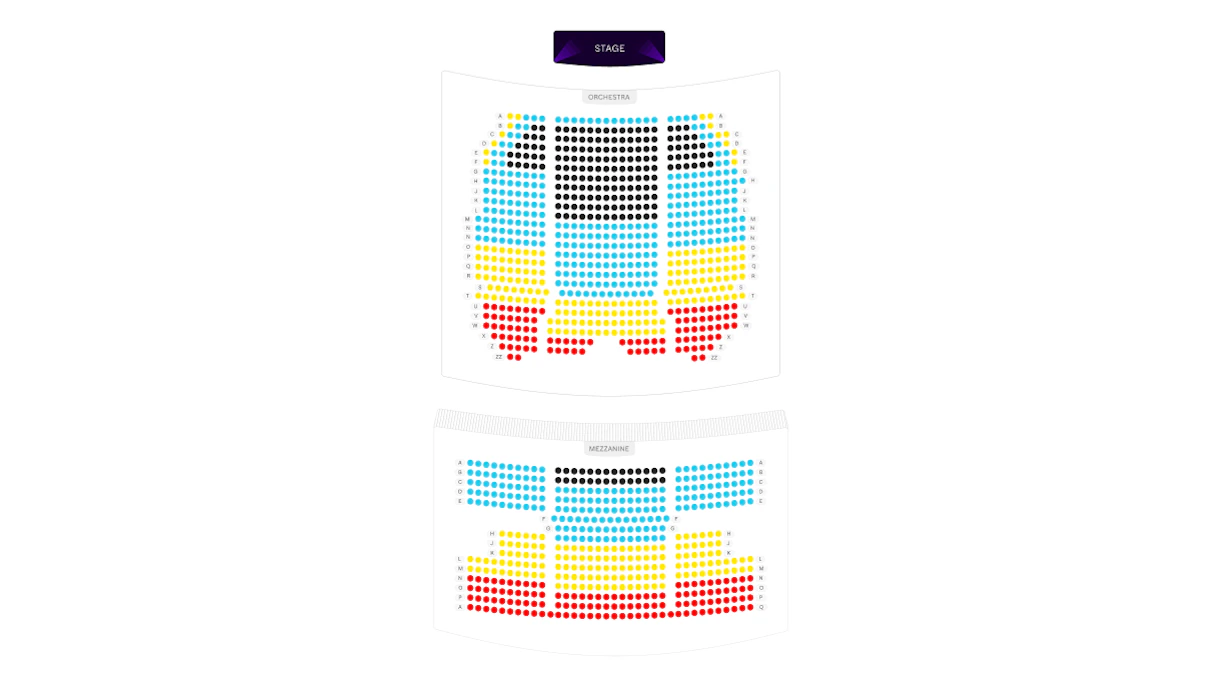 Seating chart for theater orchestra and mezzanine sections.