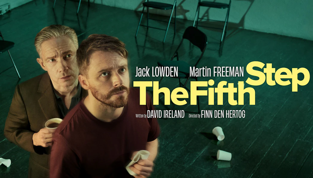 Two men holding cups in a dimly lit room with scattered chairs, promoting "The Fifth Step.