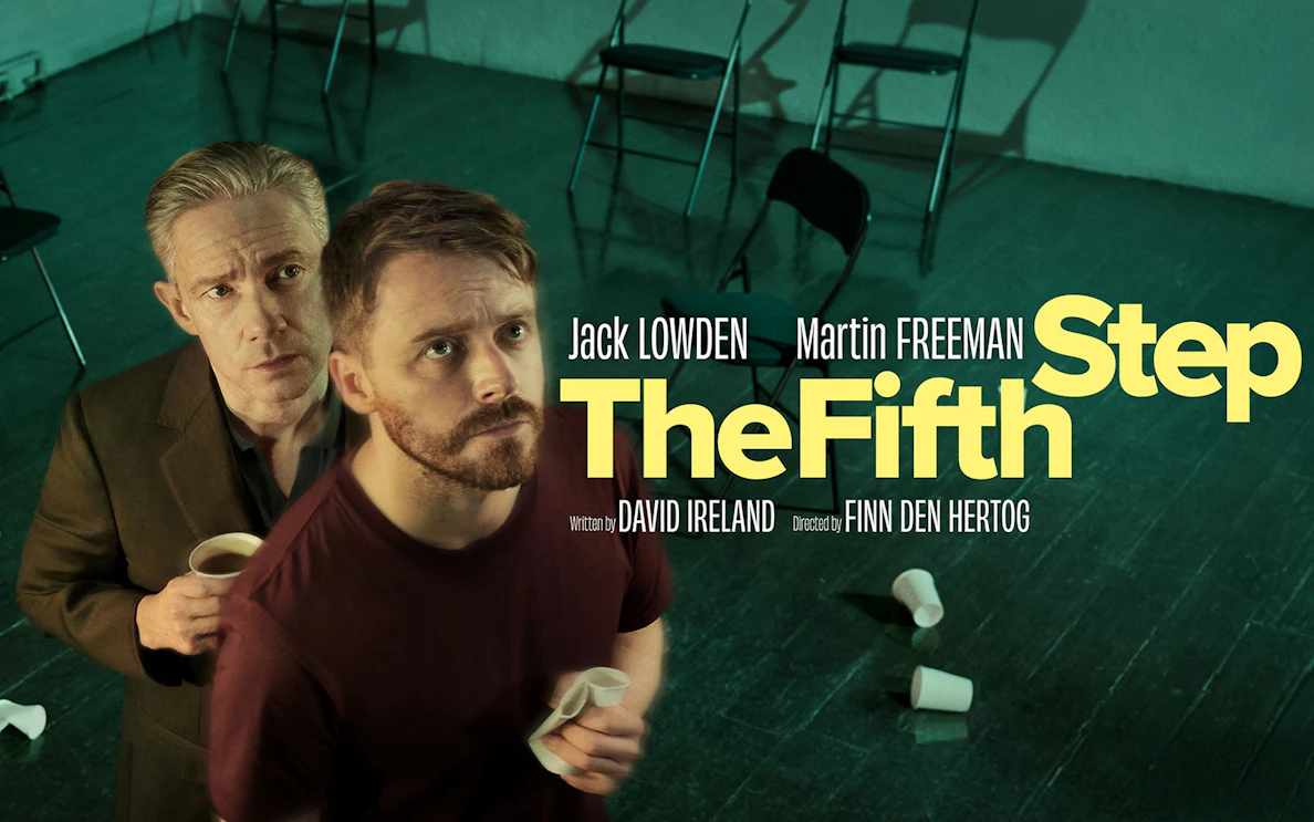 Two men holding cups in a dimly lit room with scattered chairs, promoting "The Fifth Step.