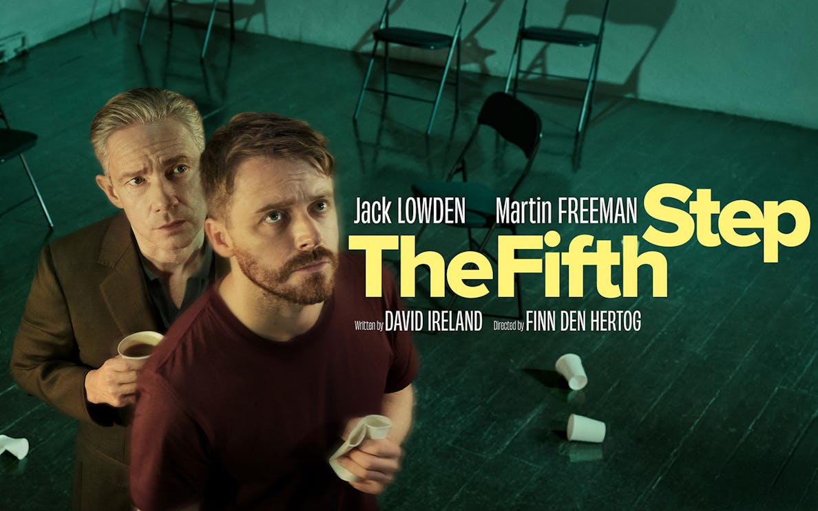 Two men holding cups in a dimly lit room with scattered chairs, promoting "The Fifth Step.