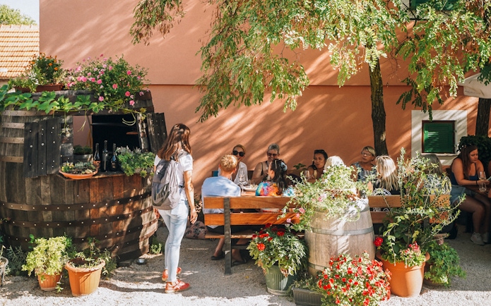 Group enjoying wine tasting at a rustic outdoor setting near Krka Waterfalls, Split.