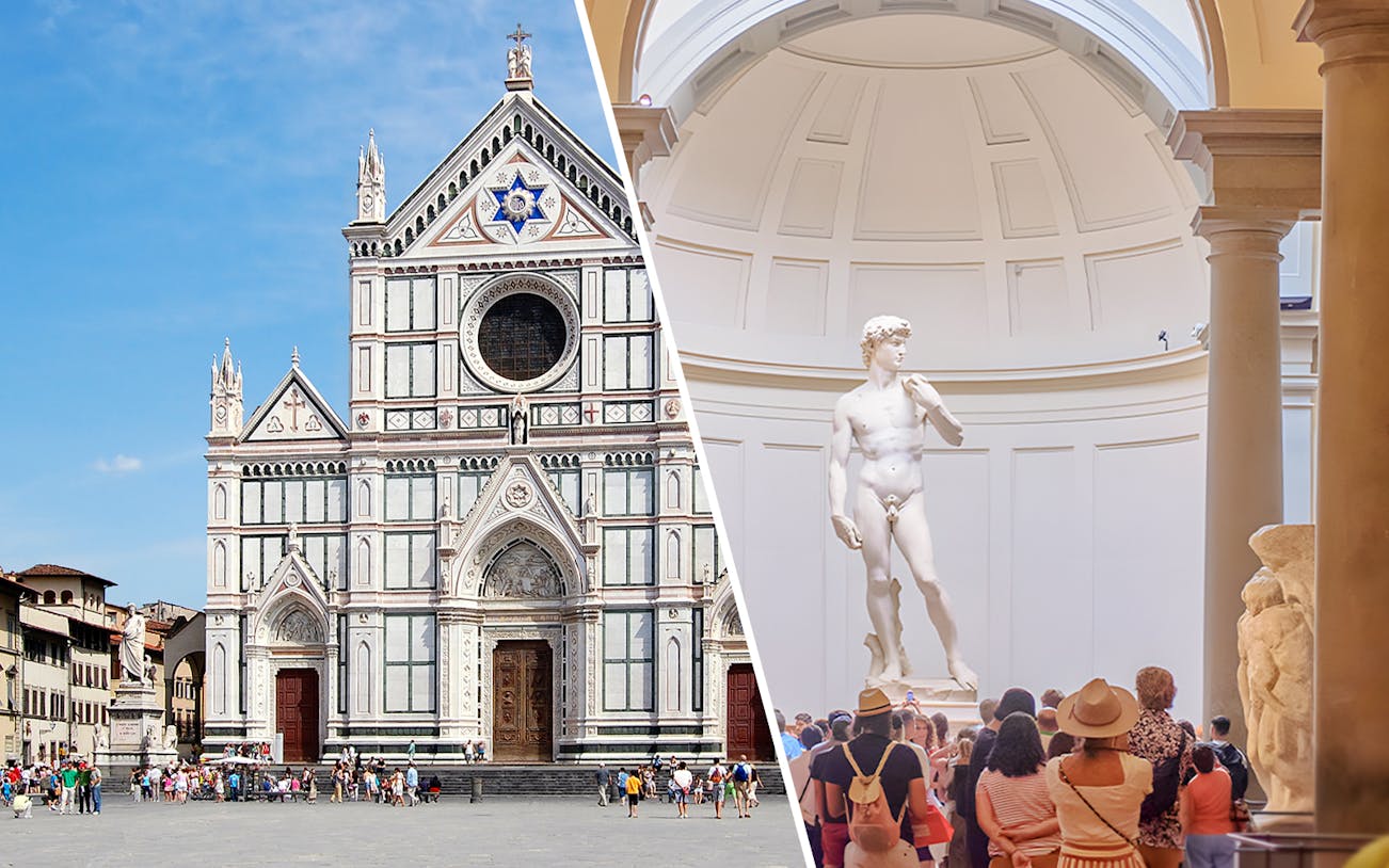 Santa Croce Basilica facade and tourists viewing Michelangelo's David in Florence.