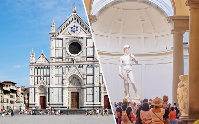 Santa Croce Basilica facade and tourists viewing Michelangelo's David in Florence.