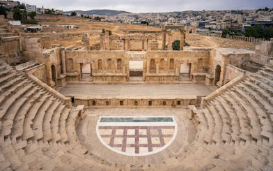 South Roman Theatre in Jerash, Jordan, showcasing ancient stone seating and stage.